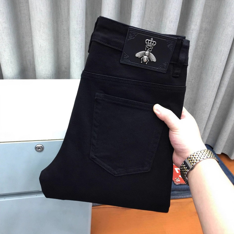 Little Bee High-End Autumn Black Jeans for Men, Trendy Stretch Slim Fit Tapered Pants, Youth Loose Straight-Leg
