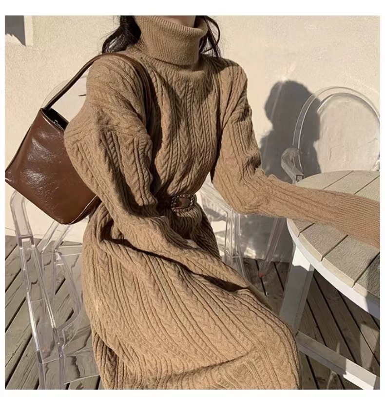 Efterår og vinter 2023 Ny Long Knitting Fried Dough Twists Bundkjole_voghion.com