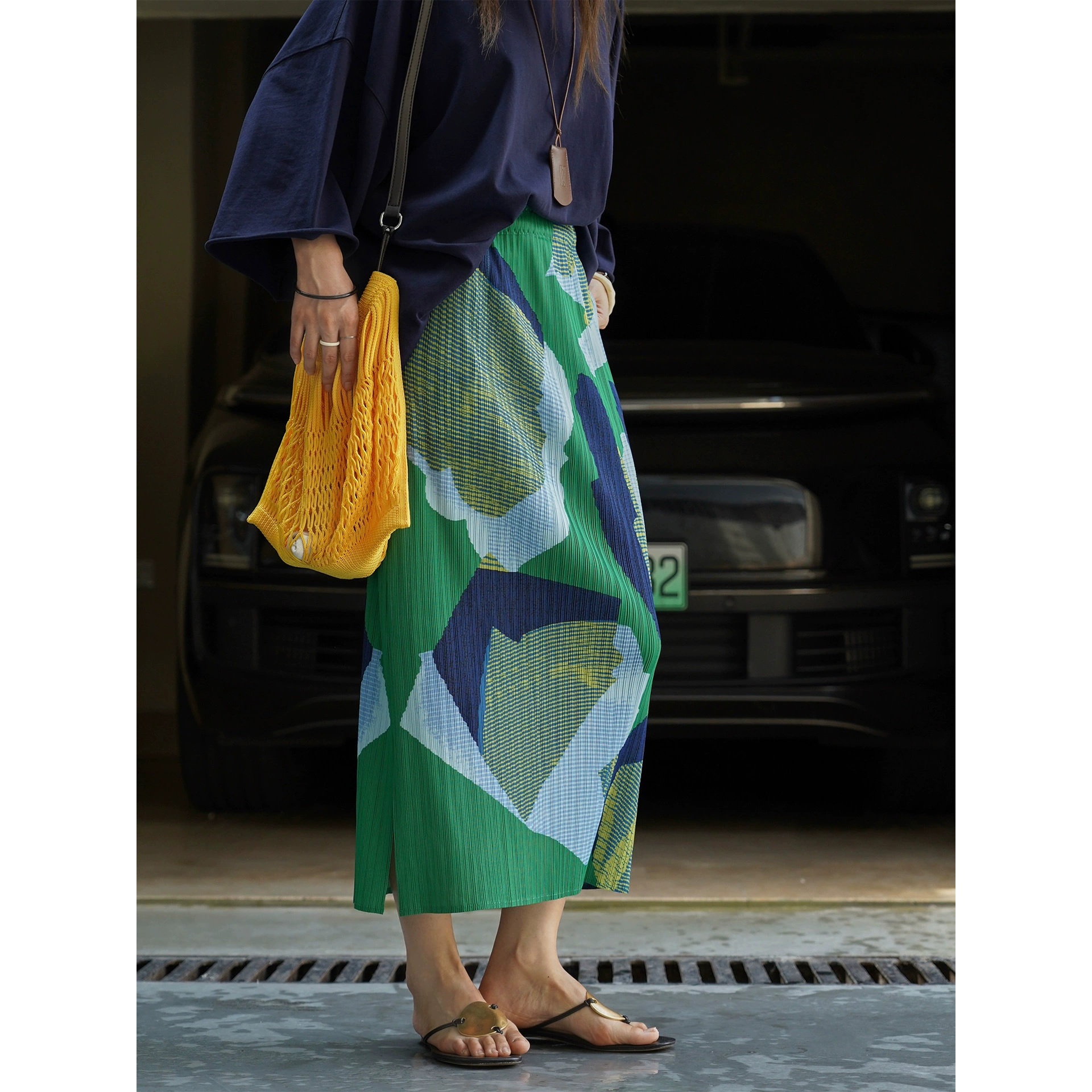 Новая летняя корейская готовая плиссированная юбка в курортном стиле с контрастным принтом, легкая и элегантная длинная юбка для женщин