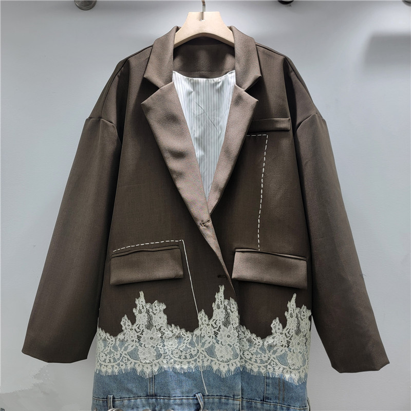 Saco Blazer con Retazos de Mezclilla y Encaje de Mezcla de Algodón y Poliéster con Manga Larga