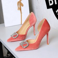 9269-K202 European and American style silver rhinestone V-buckle decoration pointed high-end Xishi velvet one foot super high heels single shoe