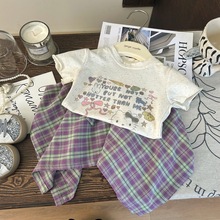 韩版童装2025新款夏季女童卡通印花短袖T恤格子不规则半身裙套装