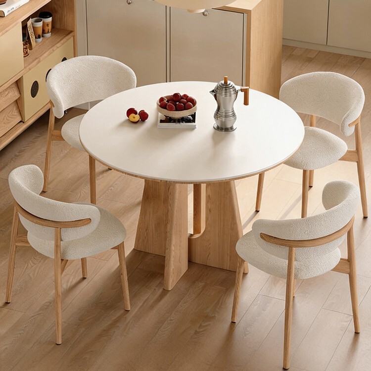 Natural wood color solid wood round table, cream style, 2026 new model, for small homes, rock slab round dining table, ash wood dining table Natural wood color solid wood round table, cream style, 2026 new model, for small homes, rock slab round dining table, ash wood dining table