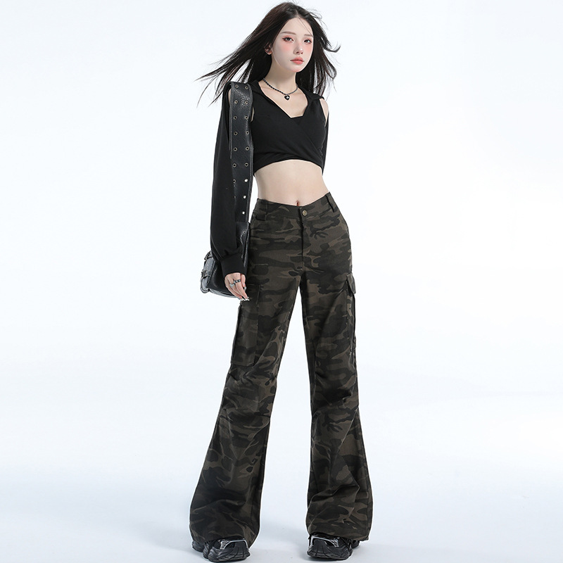 American Retro Camouflage Work Pants for Women, Spring High Street Hip-Hop Loose Flared Floor-Length Drapey Casual Long Pants Trendy