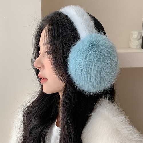 Women's winter warm fuzzy ear muffs in blue, fox fur style, cute student ear covers, keeping ears warm