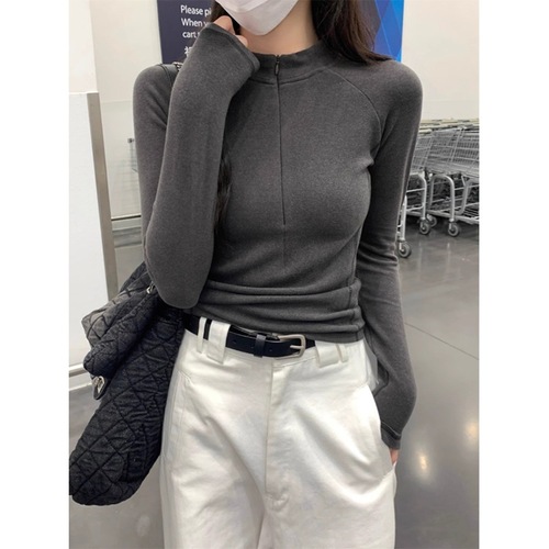 Dedeon T-shirt, Women's Fall/Winter 2025 Design-Driven Half-Turtleneck Zip-Up Top with Fishbone Pattern, Long-Sleeve Inner Layering Base Shirt