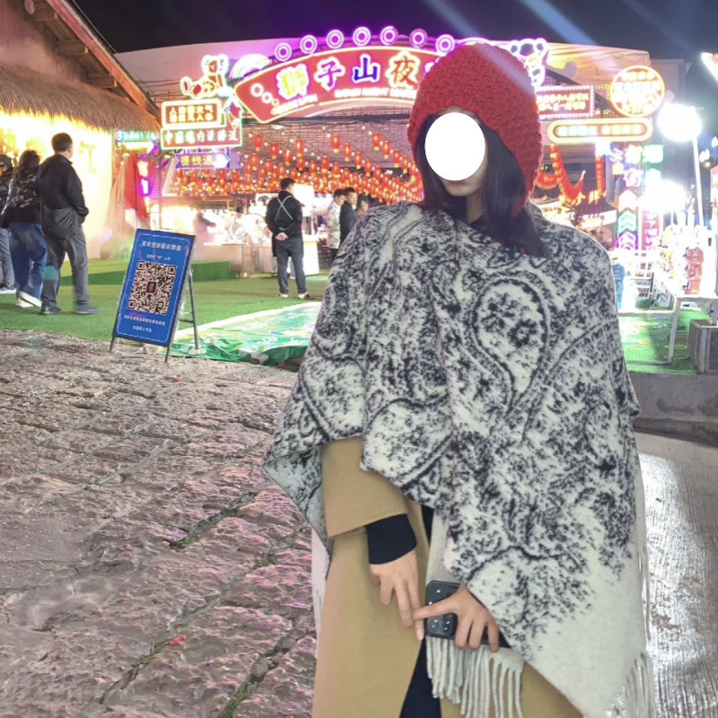 新款水墨画披肩高级感旅游装饰外搭披肩长款复古斗篷流苏披风穿搭|undefined