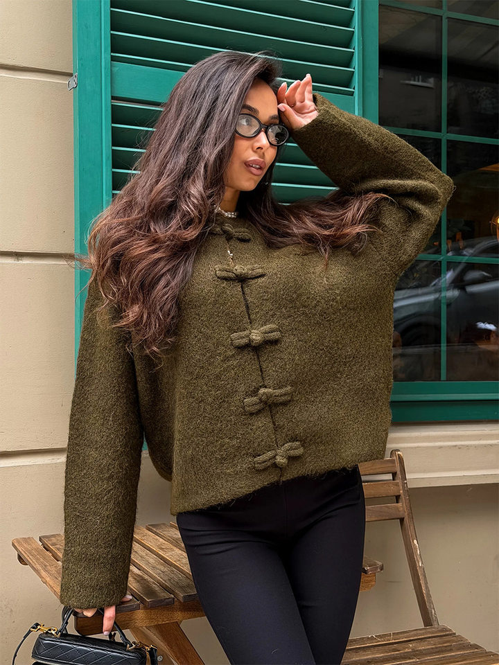 Áo cardigan len dài tay cổ tròn màu trơn cài khuy, form rộng — Màu tím, Xanh nhạt, Xanh quân đội, Xanh rêu đậm chi tiết 37