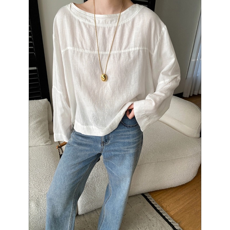 Sinan Early Spring New Style Round Neck Pullover Loose Long Sleeve Shirt with Back Cutout and Tie Design Sn8653