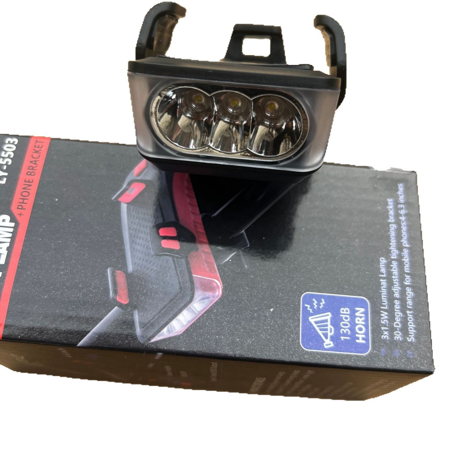 Luz de bicicleta al por mayor soporte para teléfono móvil luz delantera de conducción bocina soporte para teléfono móvil de bicicleta lámpara de coche banco de energía soporte de fijación