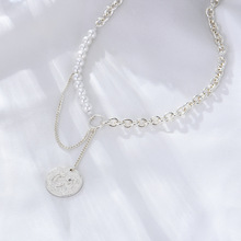 小眾設計珍珠拼接疊戴項鏈女韓版潮輕奢高級感浮雕錢幣吊墜毛衣鏈