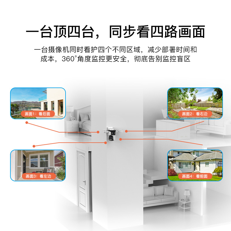 Cámara de vigilancia exterior de cuatro pantallas, visión nocturna de 360 grados, monitor inalámbrico, cámara de alta definición para exteriores