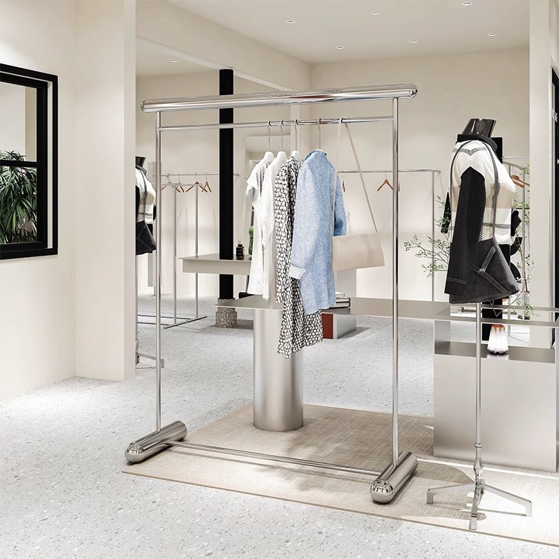 Display props for clothing stores, stainless steel mirror floor-standing island hanging rack, unisex children's clothing store shelf