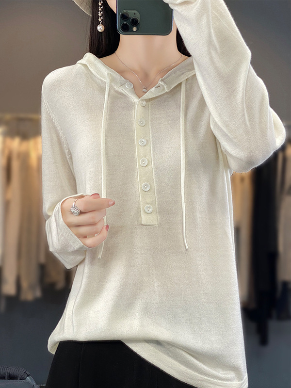 Spring New Hooded Knitwear Women's Half Open Collar Buckle Loose Hoodie Sweater Long Sleeve Warm Base Shirt
