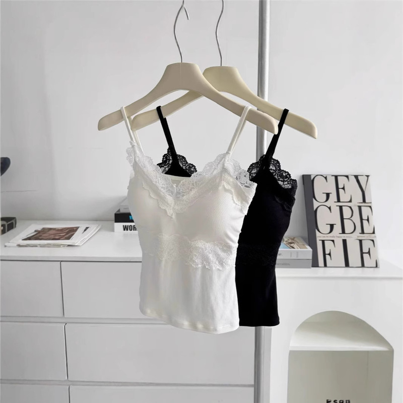 Pure Desire Hot Girl Style Lace Splicing Camisole with Breast Pad Women's 2025 Autumn V-Neck Loose Long-Sleeved T-Shirt Suit