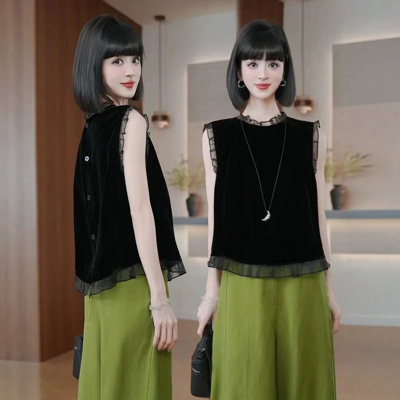 Black Velvet Top with Lace Trim, European Style, 2026 Summer New Model, Stand Collar, Elegant Sleeveless Shirt, Trendy