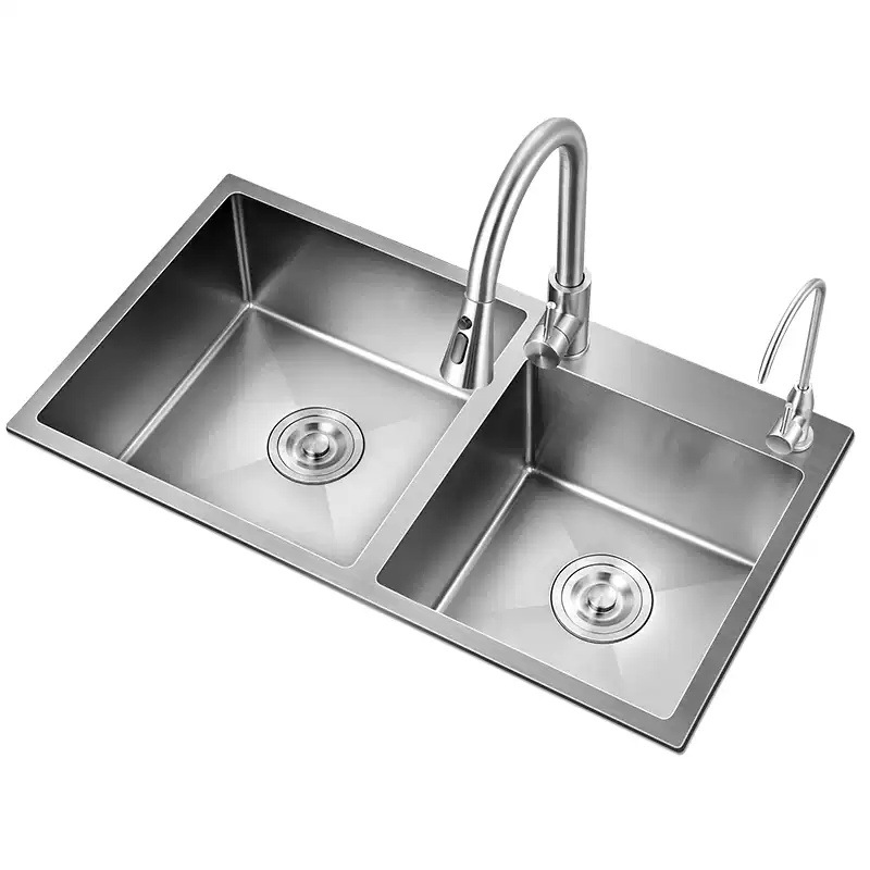 Fregadero de cocina de doble cubeta de acero inoxidable SUS304, juego de lavaplatos para uso doméstico, fregadero bajo encimera para lavado a mano con grifo
