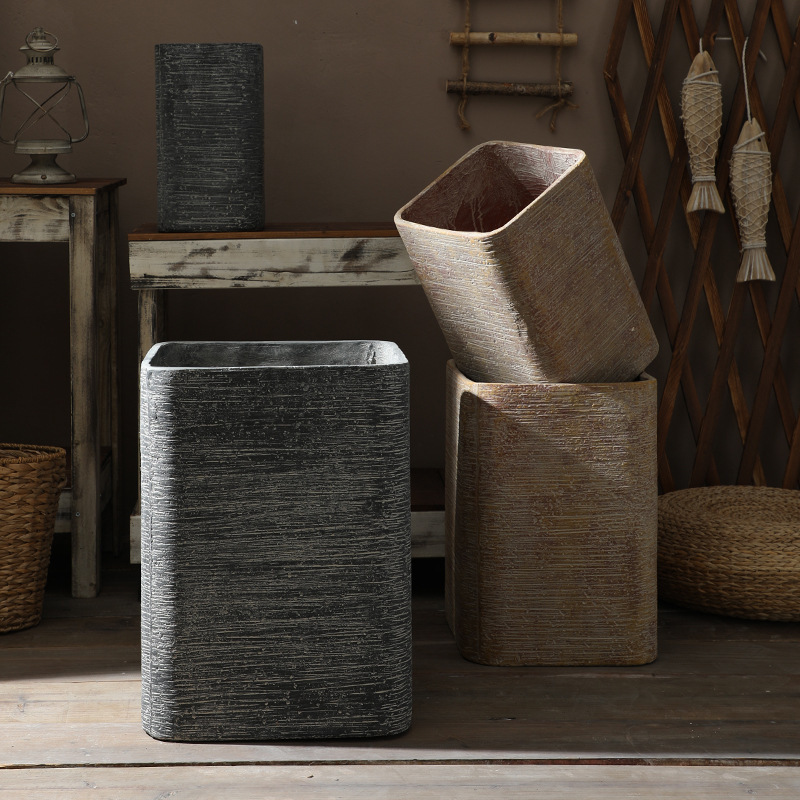 Silent style high Square magnesium mud floor large flowerpot stoneware surface retro distressed brushed living room balcony green plant flowers