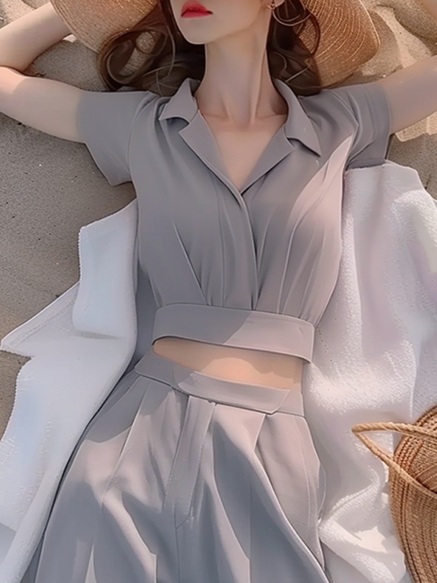Bộ áo sơ mi nữ tay dài màu xám phối quần ống rộng thanh lịch — màu xám, đỉnh đơn chi tiết 8