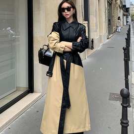Y8H现货 韩国chic秋季新款小众设计感拼接PU皮撞色长款风衣外套女