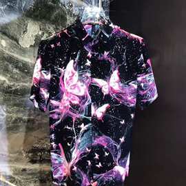 潮牌蝴蝶星空短袖衬衫男夏季薄款丝滑面料夜店风个性潮衫
