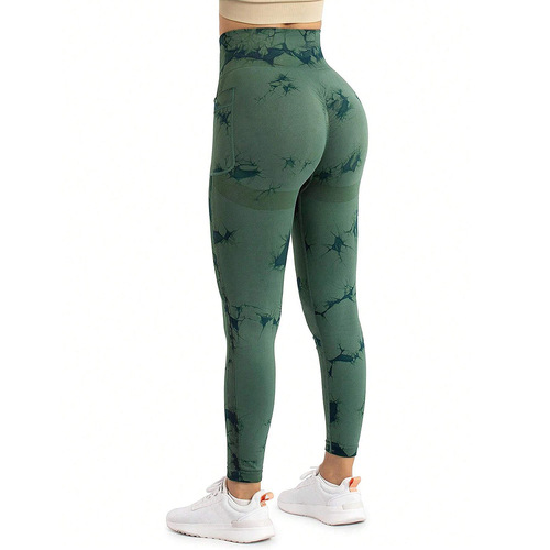 Cross-border new tie-dye side pocket yoga pants long-length bare feel running sports fitness leggings butt-lifting yoga pants for women