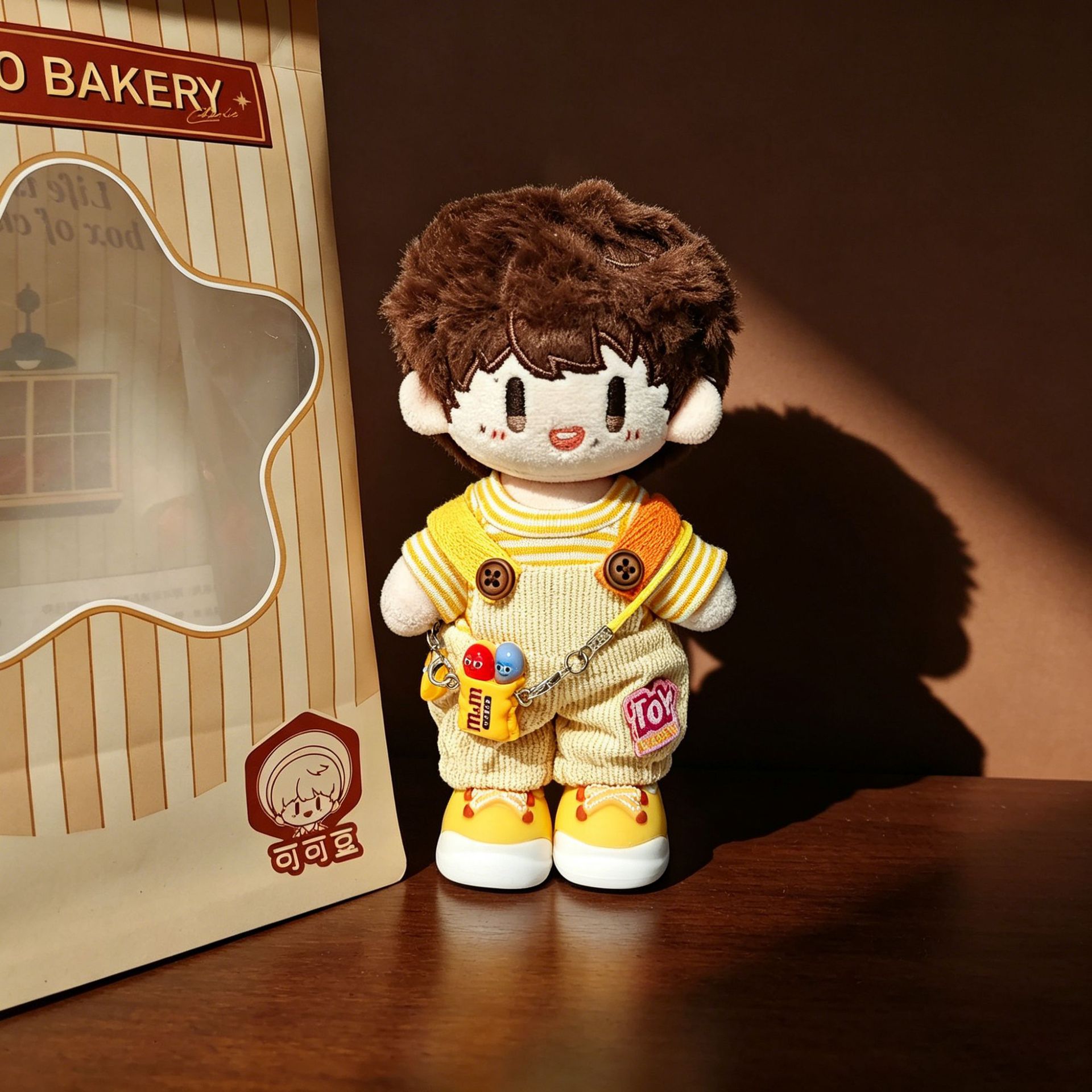 Yellow striped shirt + overalls + shoulder bag + baby shoes