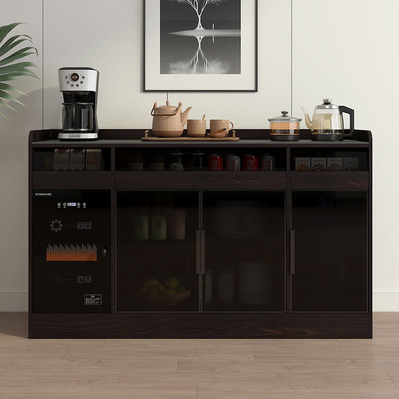 Light Luxury Mid-Century Slate Sideboard with Integrated Tea Bar and Machine, Multi-Layer See-Through Wine Cabinet, Solid Wood Storage Cabinet for Living Room