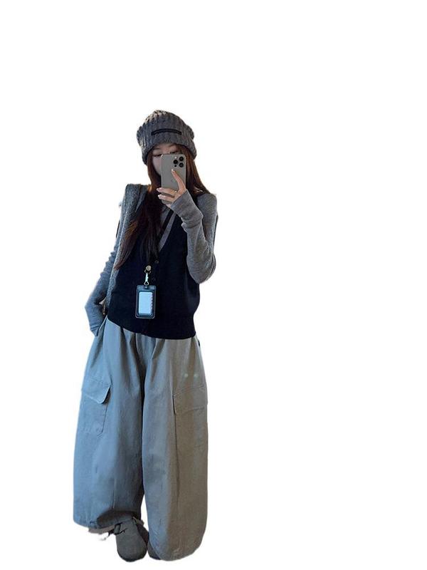 2025新款韩系穿搭灰色针织衫挂脖吊带工装休闲裤女秋季时尚套装潮|undefined