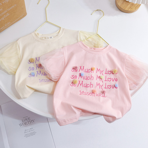 Girls T-shirt summer short-sleeved tops mesh puff sleeves children's Korean version of Western letter half-sleeve baby summer clothing trendy