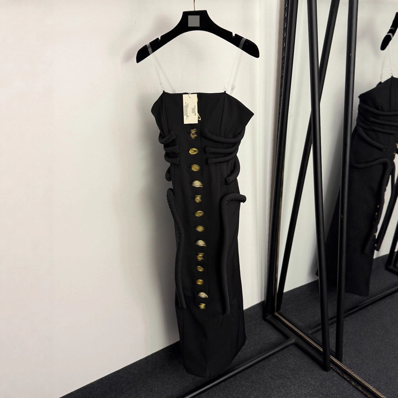 Three-Dimensional Fishbone Decoration Classy Special-Shaped Gold Button-Breasted One-Piece Tube Top Dress with Transparent Shoulder Straps for Women