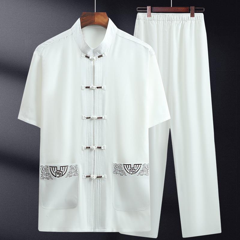 Tang Suit Men's Casual Ice Silk Short-sleeved suit Chinese Style Men's Suit for the Elderly Dad Summer Hanfu