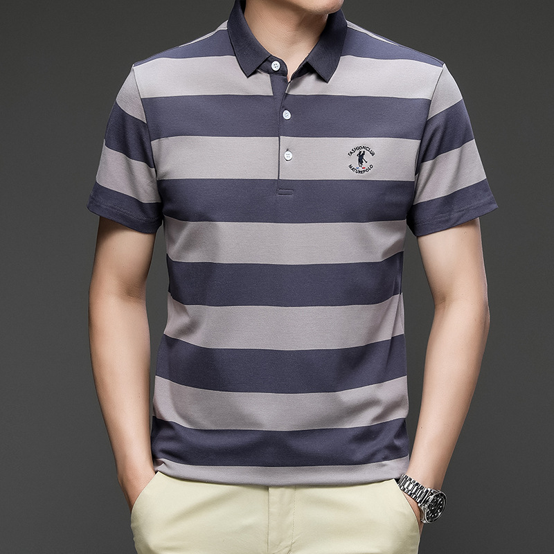 Exclusivo transfronterizo para verano nuevo estilo de algodón bordado de manga corta camiseta de hombre a rayas casual solapa de gran tamaño camisa POLO para hombre