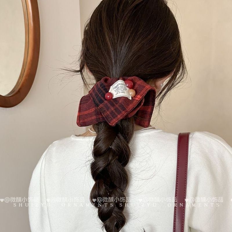 大蝴蝶结格纹方巾发圈大肠圈女韩系方形低马尾发绳头绳扎头发皮筋|undefined