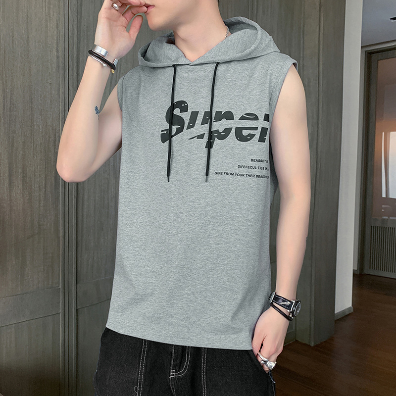 New men's sleeveless T-shirt top, camisole, summer sports vest, pure cotton round neck printed casual clothes_voghion.com