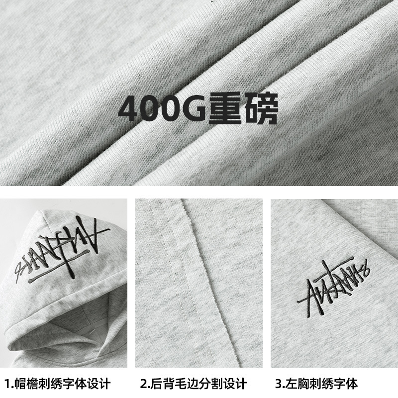 400G重ポンド手描きアルファベット刺繍フード付きパーカー男性春シーズンタイプアメリカファッションカップルゆるいフードコート