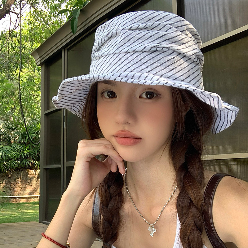日本製ストライププリーツフラットトップフィッシャーマンハット女性用夏綿とリネンの薄い通気性のある芸術的な気質盆地帽子サンハット|undefined