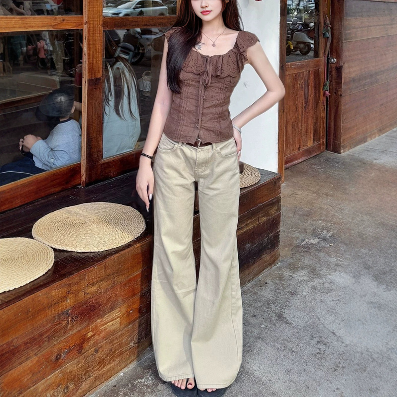 Khaki low-waist flared jeans for women, 2026 early autumn new style, slimming and versatile, not tight-fitting, suitable for petite figures Khaki low-waist flared jeans for women, 2026 early autumn new style, slimming and versatile, not tight-fitting, suitable for petite figures