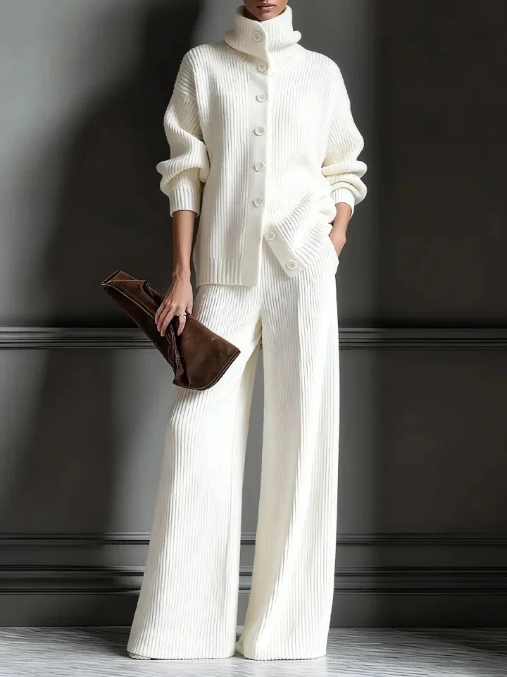 turtleneck Solid Color Cardigan Long-sleeved Top Wide-leg Pants Set Knitted 2-piece Set_ecoleips.com