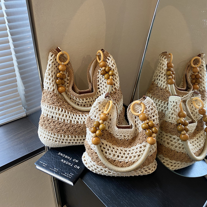 Handmade Rattan Shoulder Bag With Leather Trim Eco-friendly Basket_voghion.com