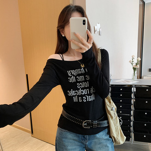 Real Shot of Fashionable Popular Letter Print One-Shoulder Slanted Shoulder Long-Sleeved T-Shirt for Women 2025 Summer New Korean Style Top