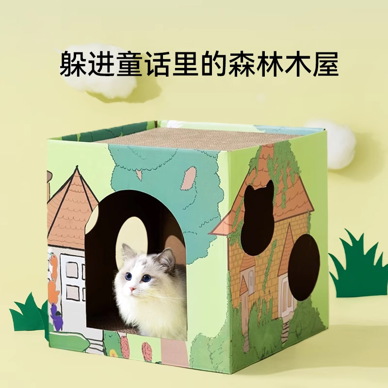 Cat Forest Chalet Carton Tablero para rascarse para gatos Juega y duerme en una guarida para gatos Papel corrugado grueso de gran tamaño Juguetes para gatos domésticos