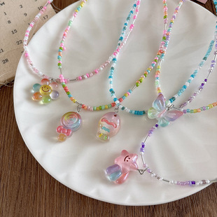 Children's Cute Cartoon Transparent Color Handmade Beaded Necklace Girls Summer Dopamine Pendant Chain Clavicle Chain