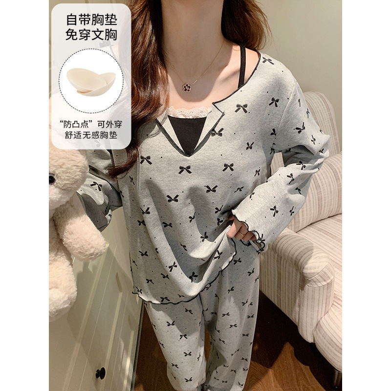 Korean-style home wear for girls, spring and autumn long-sleeve and long-pants set with chest pads, can be worn outside, no need to match underwear, simple pajama set Korean-style home wear for girls, spring and autumn long-sleeve and long-pants set with chest pads, can be worn outside, no need to match underwear, simple pajama set