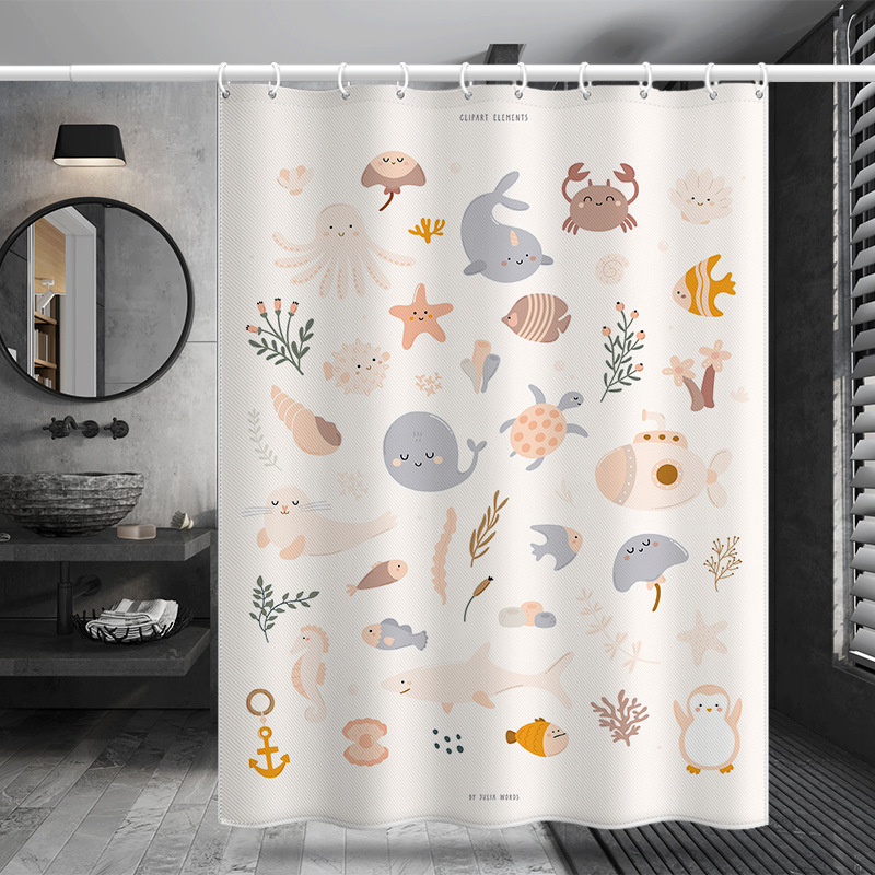 Shower Cross-border Wholesale Polyester 3D Digital Print Waterproof Shower Animal Hand-drawn Pattern Bathroom Partition_voghion.com