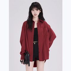 红色衬衫女夏季2025新款薄款宽松慵懒风休闲防晒衬衣外套百搭上衣