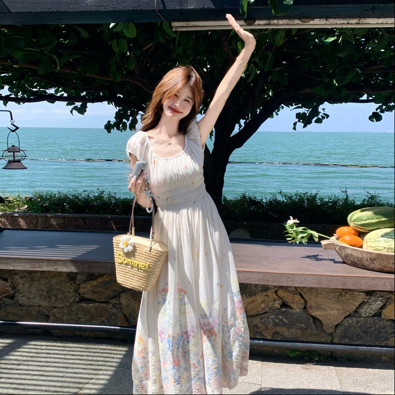 Off-White French-Style Romantic Floral Print Puff Sleeve Dress for Women, 2026 Early Summer New Embroidered Waist-Cinching Long Dress