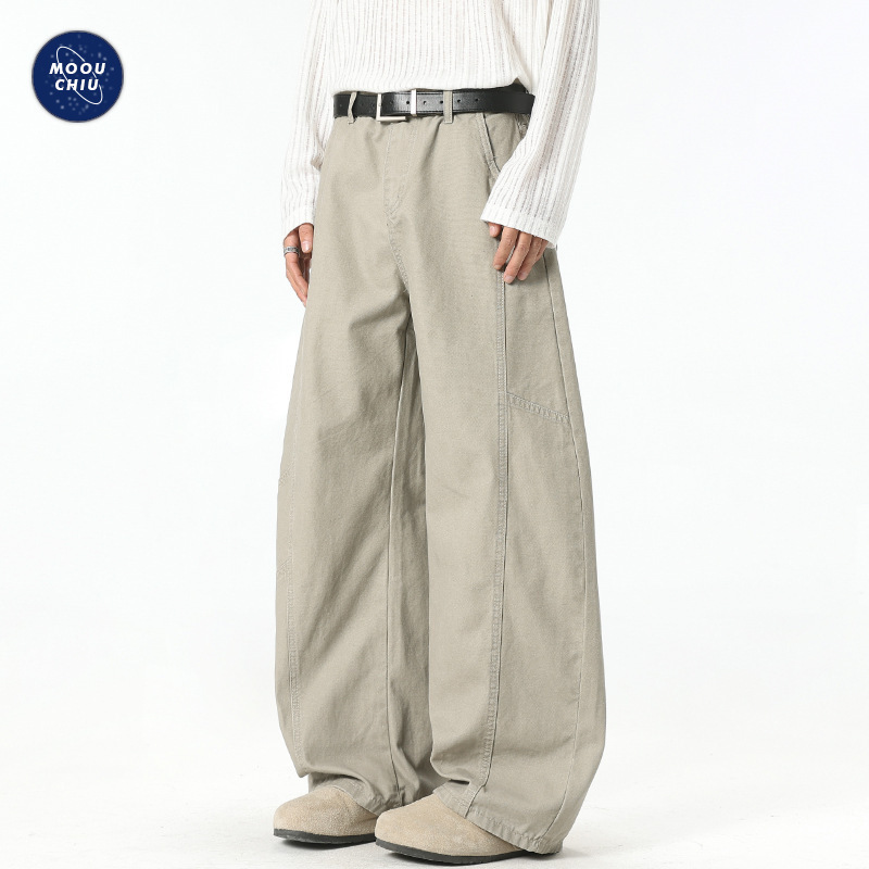 Muqiu Men's Wear | American Retro Washed Canvas Deconstructed Casual Pants Unisex Loose Wide-Leg Work Pants
