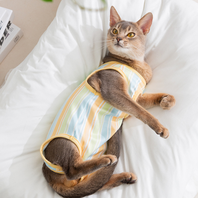 Gatos de dibujos animados transpirables de cuatro estaciones monstruos esterilización a rayas ropa de cirugía de cuatro patas ropa de destete de gato ropa de mascota