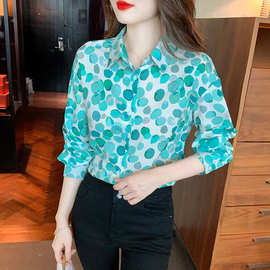 工厂直销2025春新款清新水彩画绿葡萄印花法式衬衣气质真丝衬衫女